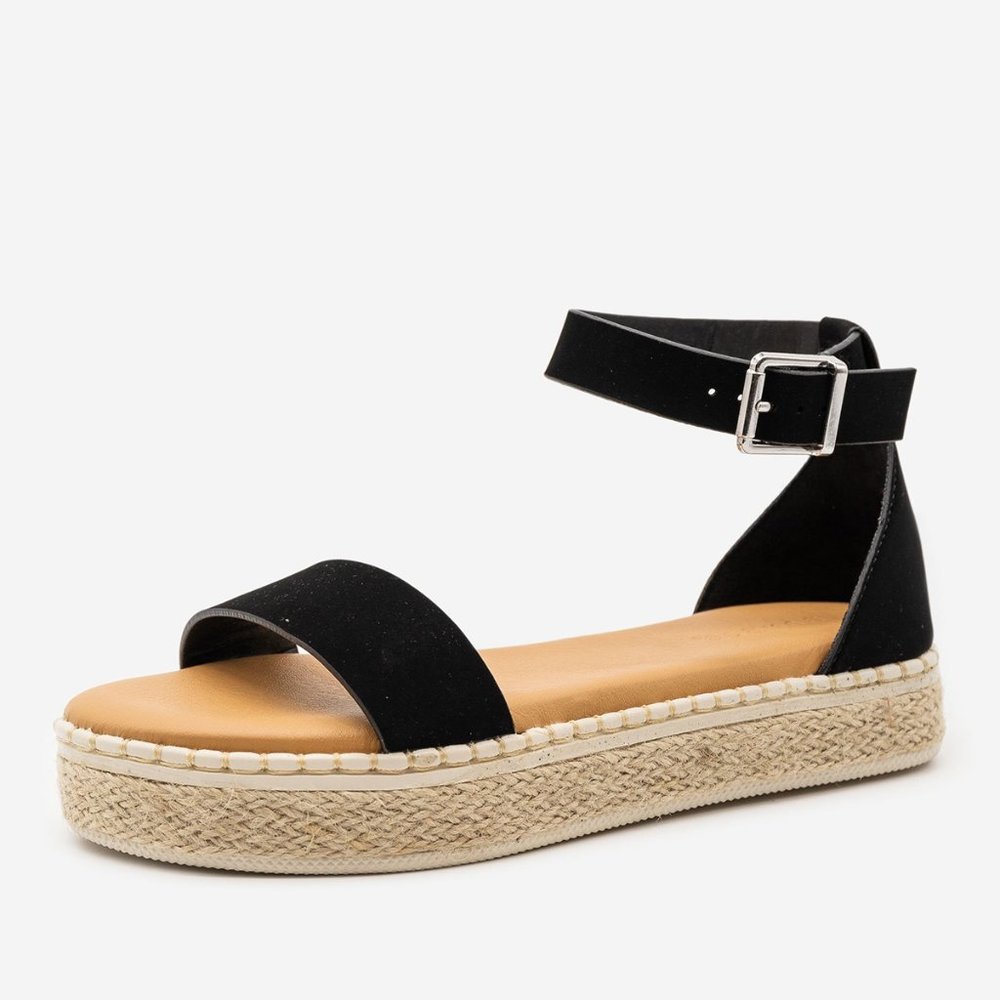 NEW Black Open Toe Low Flat Platform Heel Espadrille Jute Sandal Ankle Strap - Picture 5 of 7
